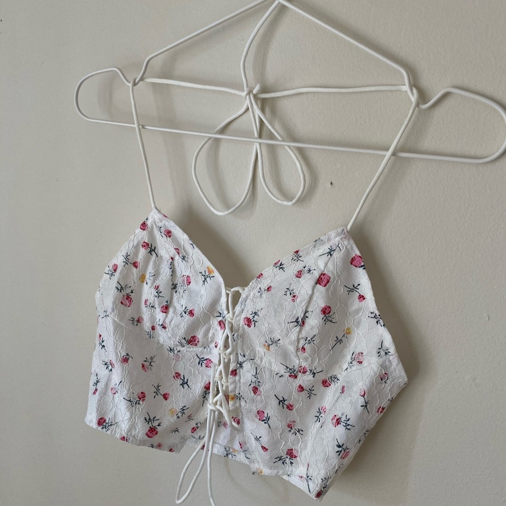 White and pink floral tie up string top